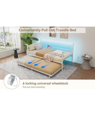 Daybed with Trundle, Metal Twin Trundle Bed with Charging Station & LED Lights, Sofa Beds Frame with Pull Out Bed for Living Room, Guest Room.
