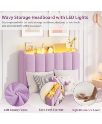 Upholstered Platform Bed Frame Wavy Headboard Storage Bookcase 2 Drawers No Box Spring.