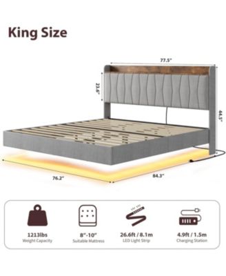 Floating Bed Frame LED Lights USB Charging Upholstered Platform Headboard No Box Spring Easy Assembly