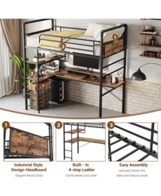 Loft Bunk Bed with L-Shaped Desk Twin Loft Under-Desk Workspace Metal Bunk Ladder High Guardrail Easy Assembly