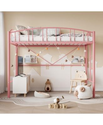 Twin Loft Bed-Heavy Duty Metal Frame-Arched Guardrail Safety Ladder-Space Saving Compact Bedroom Frame