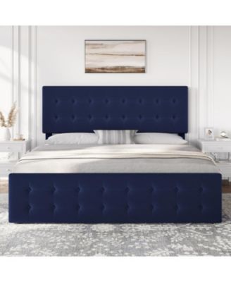 Bed Frame Adjustable Headboard 4 Drawers Velvet Upholstered Platform Button Tufted Wooden Slats No Box Spring