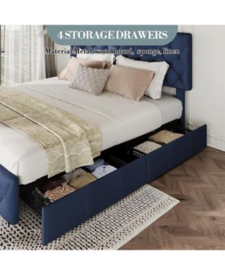 Upholstered Platform Bed Frame with Adjustable Headboard & 4 Storage Drawers - Diamond Tufted Linen - Sturdy & Noise