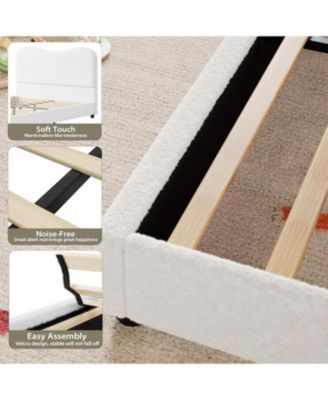 Upholstered Platform Bed Frame with Boucle Headboard and Low-Profile Heavy Duty Wooden Slats