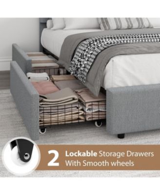 Full Bed Frame Storage Drawers Upholstered Boucle Platform Round Headboard Heavy Duty Noise-Free No Box Spring Light