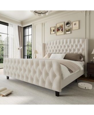 51Inch Bed Frame Deep Button Tufted Wingback Headboard Footboard Velvet Upholstered Platform No Box Spring.