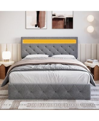 Upholstered Platform Bed with LED Headboard and USB Charging- Fast-Charging Ports- No Box Spring Needed- Easy Assembly.