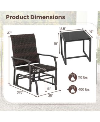 3 PCS Patio Gliding Set Wicker Swing Glider Furniture Set  Tempered Glass Coffee Table
