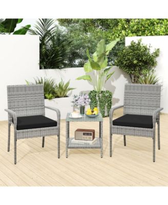 3 Pieces Patio Furniture Set PE Rattan Porch Chairs w/ 2-Tier Table