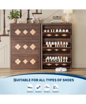 Shoe Cabinet with 3 Carved Flip Drawers, Crystal Handles, Shoe Storage Cabinet with Adjustable Shelf, Wooden Organizer