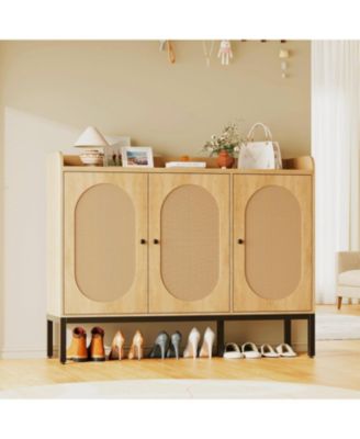 Rattan Shoe Cabinet with 3 Flip Doors 8-Tier Freestanding Shoe Storage Cabinet with Adjustable Shelves Large Capacity Shoe Organizer