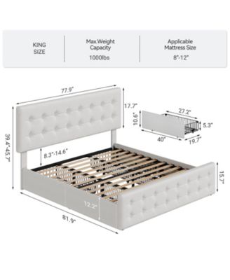 Bed Frame 4 Storage Drawers Linen Upholstered Headboard Wooden Slats No Box Spring Button Tufted.