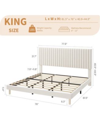 King Bed Frame with Adjustable Headboard, Velvet Upholstered Platform King Size Bed Frame, Vertical Channel Tufted, Strong Wooden Slats
