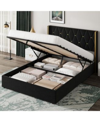 Queen Size Lift Up Storage Bed Frame with with Gold Wingback Headboard, Velvet Upholstered Bed Frame with Diamond Tufted Design & Gold Trim
