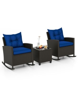 Set of 3 Wicker Rocking Set Patio w/ Tempered Glass Table and Soft Cushions