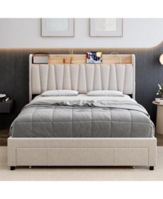 Bed Frame Storage Headboard Platform Linen Fabric Charging Station Drawer No Box Spring Easy Assembly