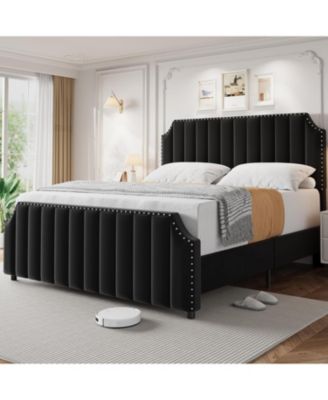 Bed Frame Velvet Tall Headboard Upholstered Platform Bed Wooden Slats Support No Box Spring Easy Assembly.