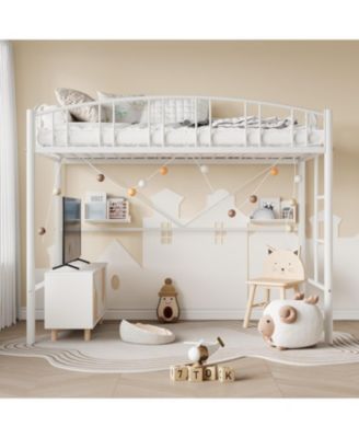 Twin Loft Bed-Heavy Duty Metal Frame-Arched Guardrail Safety Ladder-Space Saving Home Bedroom Furniture