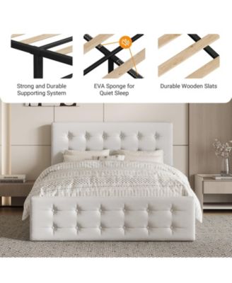 Bed Frame 4 Storage Drawers Linen Upholstered Headboard Wooden Slats No Box Spring Button
