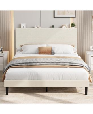 Queen Size Bed Frame with USB Charging Station, Corduroy Upholstered Platform Bed Frame with Adjustable Storage Headboard, Wooden Slats Support