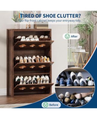 Shoe Cabinet with 3 Flip Drawers, Slim Hidden Wood Shoe Cabinet with Adjustable Shelves, Flower Pattern, Diamond Handle, Narrow Organizer