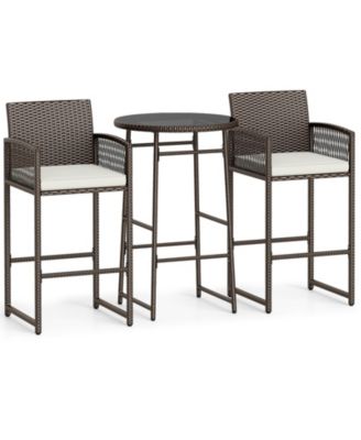 3 Piece Wicker Patio Bar Set w/ 2 Seat Cushions Glass Tabletop for Backyard
