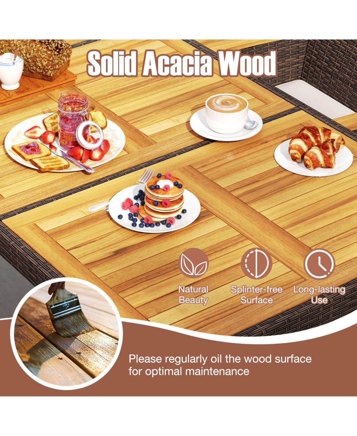 Gymax 9 Pieces Patio Pe Wicker Dining Set Outdoor Acacia Wood Table and Chairs