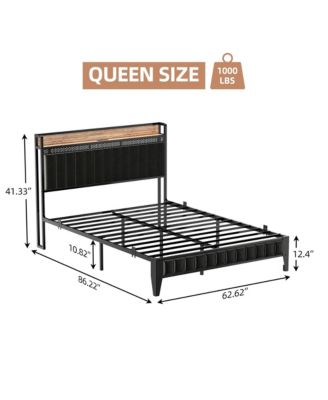 Queen Bed Frame Led Light Charging Station Upholstered Platform Storage Headboard Metal Slat Easy Assembly Noise Free Black