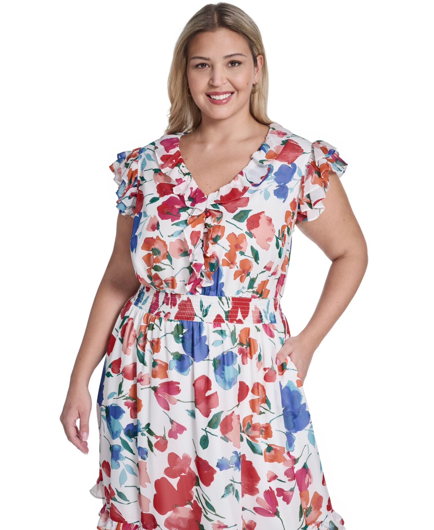 Plus Size V-Neck Smocked Waist Midi Dress