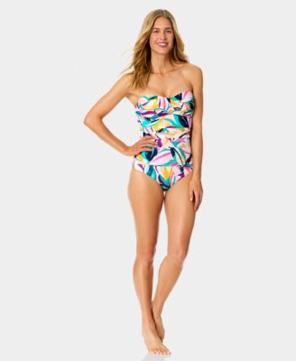 Women's Twist-Front Shirred Bandeau Neck One-Piece Swimsuit