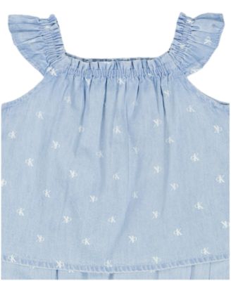 Baby Girls' Monogram Print Denim Sunsuit and Headband