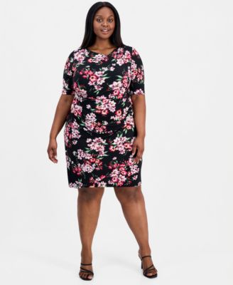 Plus Size Printed Asymmetric-Neck Short-Sleeve Dress
