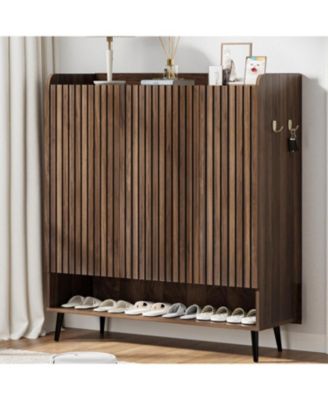 Large Shoe Cabinet with Doors 6-Tier Shoe Organizer with 3 Doors and Additional Hooks for Hallway Entryway Living Room Brown