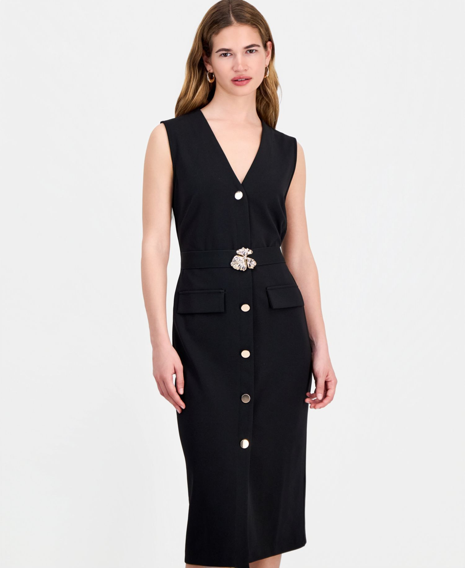 Women's V-Neck Sleeveless Belted Sheath Dress
