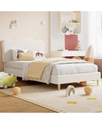 Bed Frame with Upholstered Headboard, Soft Low Profile Sturdy Platform Bed with Rounded Corners Design, Heavy Duty, Wooden Slats