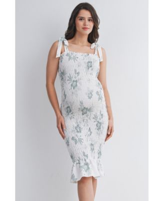 Maternity Bodycon Floral Smocked Midi Dress with Adjustable Tie Straps