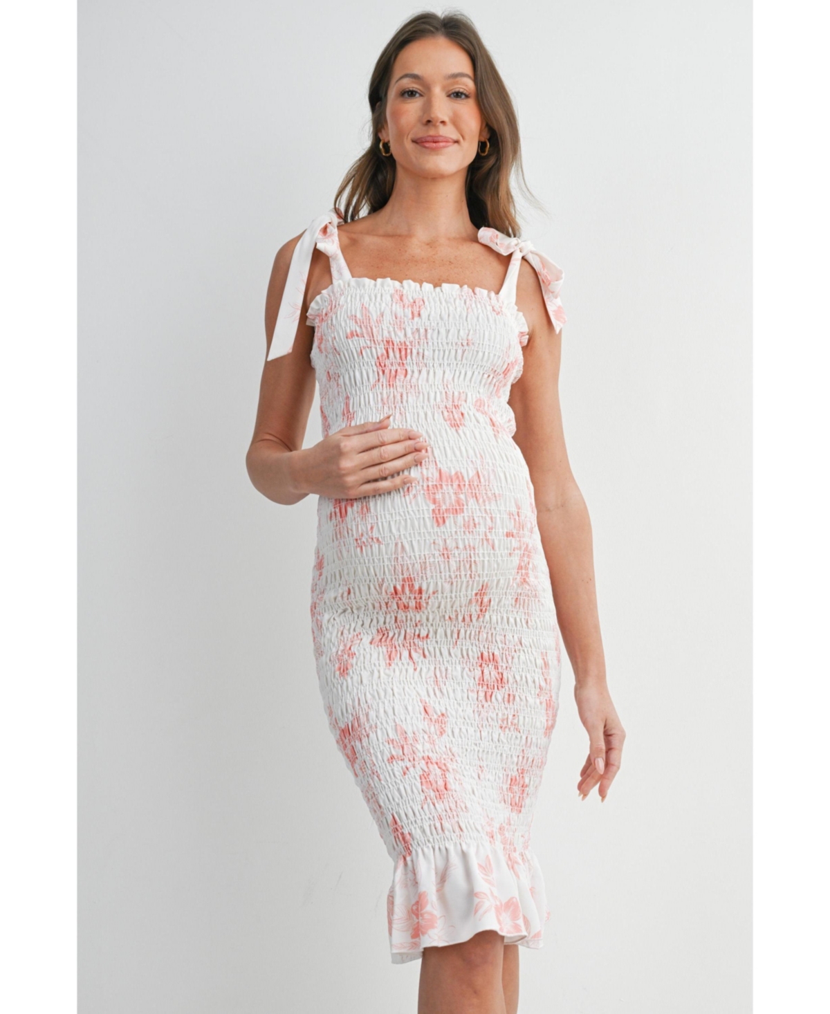 Hello Miz Maternity Bodycon Floral Smocked Midi Dress with Adjustable Tie Straps