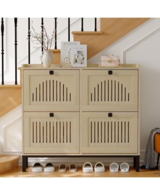 Modern 4 Turn Over Drawer Shoe Storage Cabinet - Adjustable Shelves Space-Saving Wooden Organizer Hollow-Out Panel