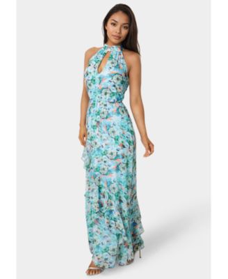 Women's Printed Chiffon Halter Ruffle Dress