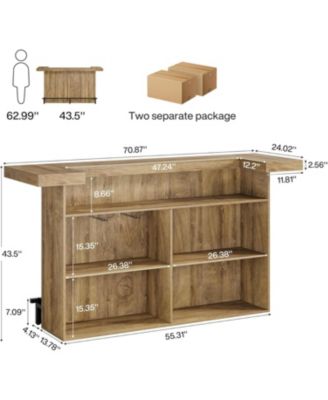 4-Tier Bar Table, 70.9-Inch Large Wooden Home Bar Unit with Wine Glass Holder and Black Footrest
