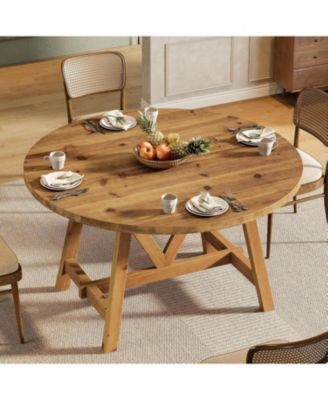 Solid Wood Dining Table for 4-6, Farmhouse Round Kitchen Table, Brown