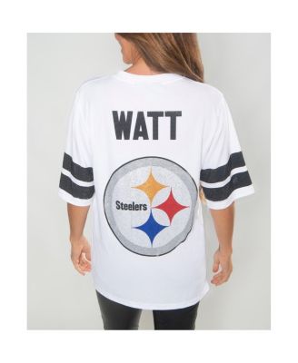 Women's T.J. Watt White Pittsburgh Steelers Crystal V-Neck Tunic