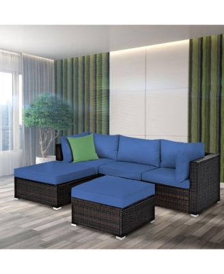 5PCS Rattan Patio Conversation Set Outdoor Furniture Set w/ Ottoman Navy Cushion