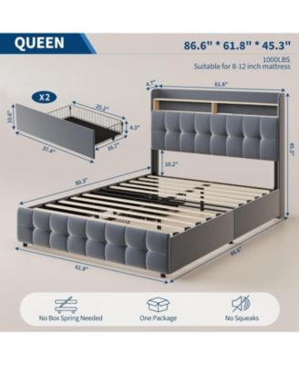 Bed Frame Queen with Headboard and 2 Storage Drawers, Modern Soft Bed with Charging Socket and USB