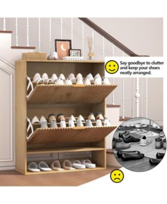 Slim Fluted Shoe Cabinet for Entryway Freestanding Narrow Shoe Storage with 2 Flip Drawers Open Bottom Shelf and Side Hooks for Foyer and Hall