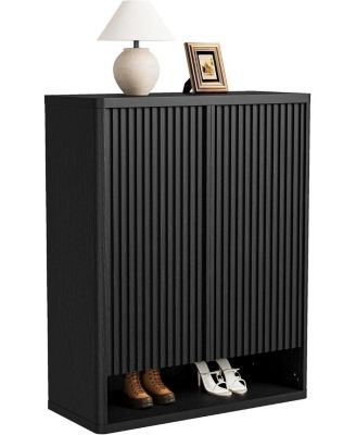 Modern Wooden Shoe Cabinet 31.5 inch with Adjustable Shelves Fluted Door – Narrow Standing Shoe Organizer Holds 25–30 Pairs for Entryway