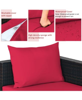 5PCS Cushioned Rattan Patio Conversation Set with Ottoman Red Cushion