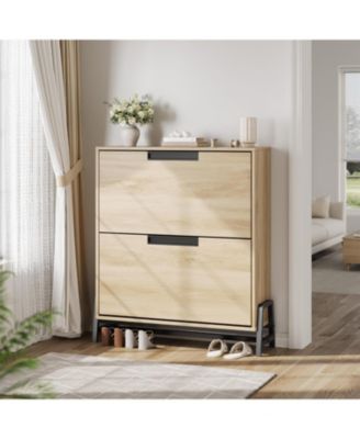 Narrow Hidden Shoe Storage Organizer with Top Decor Shelf Modern Shoe Cabinet with 2 Flip Drawers for Entryway and Hallway