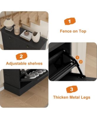 Fluted Shoe Cabinet with 2 Flip Drawers Narrow Cabinet with Adjustable Shelves
