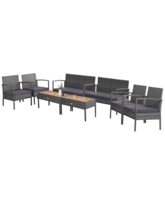 8PCS Rattan Patio Conversation Furniture Set w/ Acacia Wood Tabletop and Cushions